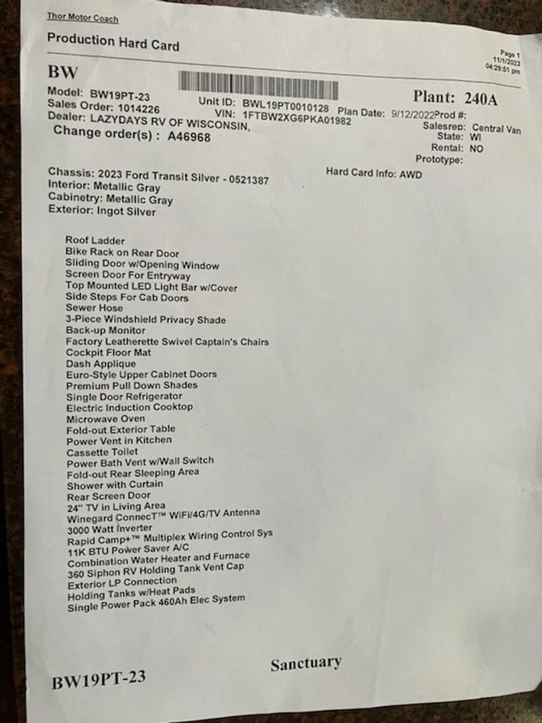 2023 Thor Motor Coach Sanctuary 19PT National Vehicle